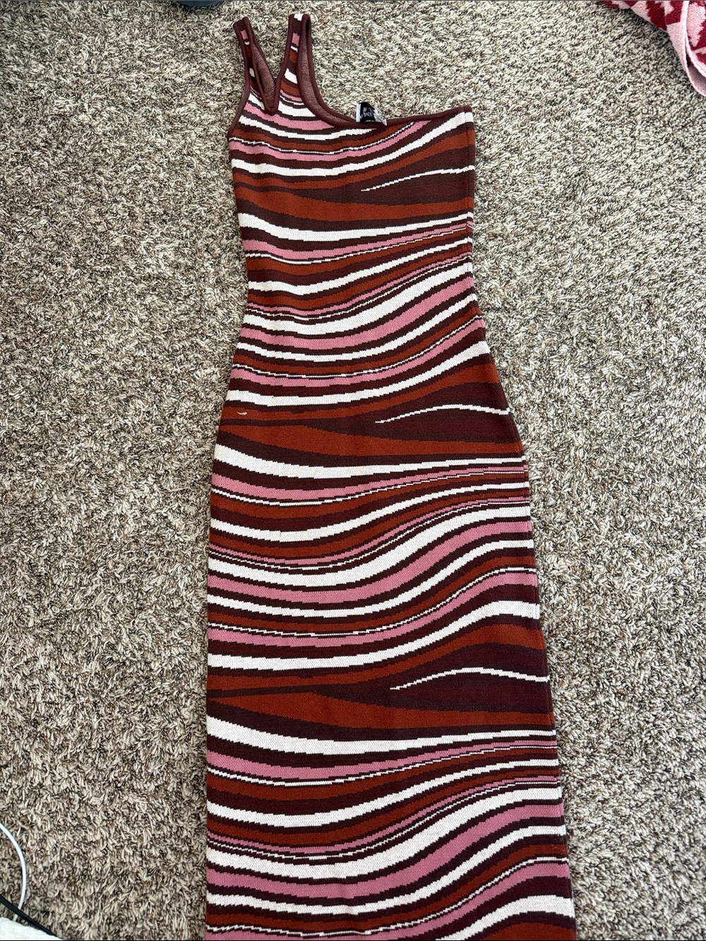One Shoulder Striped Midi Dress in Rust and Pink